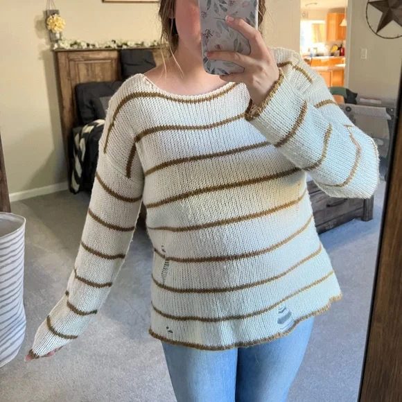 Distressed White & Brown Striped Sweater - Picture 4 of 8
